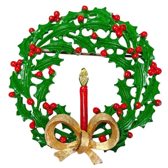 Vintage Weiss Mid Century Enamel Christmas Wreath Brooch Bow Rhinestone Candle - Picture 1 of 11